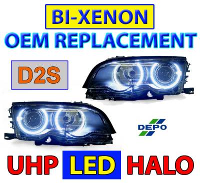 Depo - BMW E46 Black Projector Angel DEPO Headlight Hi/Low W/ Uhp Led Angel Halo Rings