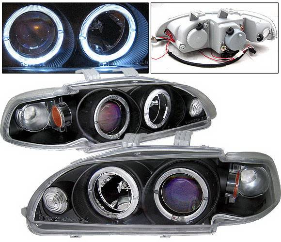 Black LED Halo Projector Headlights For 1992-1995 Honda Civic (2/3/4 Door) With H1 Bulbs