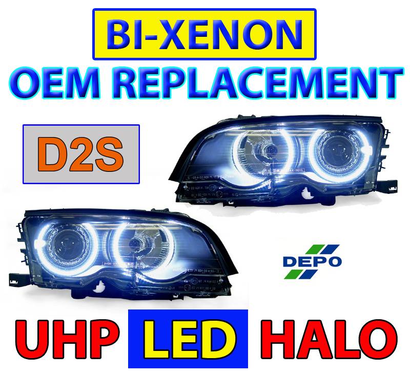 BMW E46 Black Projector Angel DEPO Headlight Hi/Low W/ Uhp Led Angel