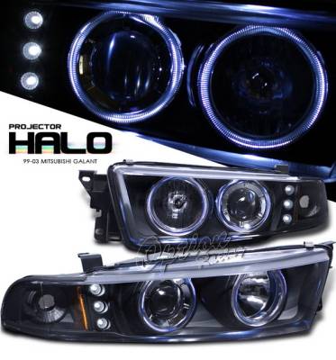 OptionRacing - Mitsubishi Galant Option Racing Projector Headlights with Amber Reflector - Black with Halo LED - 11-35275-N