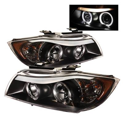 Spyder - BMW 3 Series 4DR Spyder Projector Headlights - LED Halo - Amber Reflector - Replaceable Eyebrow Bulb - Black - 444-BMWE9005-AM-BK