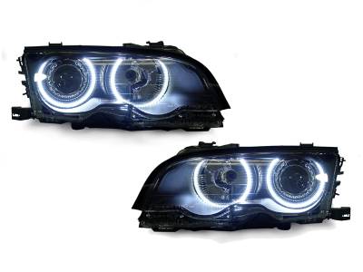 Depo - BMW E46 2D/M3 Black Projector Angel DEPO Headlight H7 w Uhp Led Angel Halo Rings