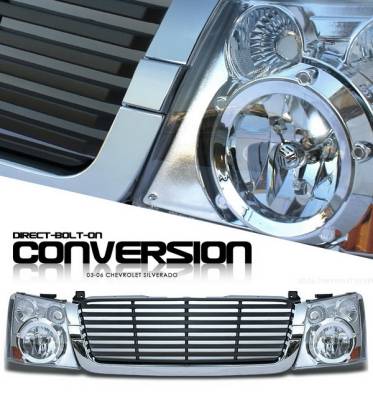 OptionRacing - Chevrolet Silverado Option Racing Headlights - Chromed with Chromed Trim Black Billet Grille - 10-15266