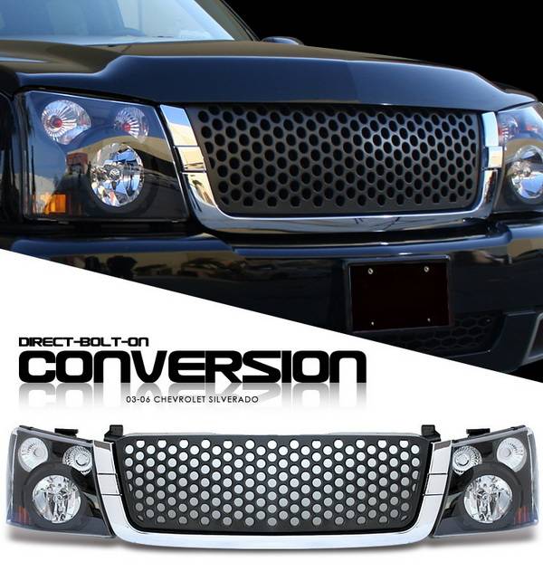 OptionRacing - Chevrolet Silverado Option Racing Headlights - Black with Black Punch Hole Grille - 10-15270