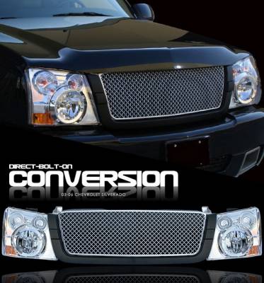 OptionRacing - Chevrolet Silverado Option Racing Headlights - Chromed with Black Trim Silver Diamond Grille - 10-15275