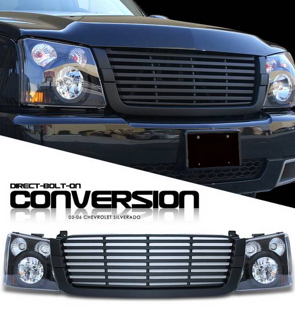 OptionRacing - Chevrolet Silverado Option Racing Headlights - Black with All Black Billet Grille - 10-15276
