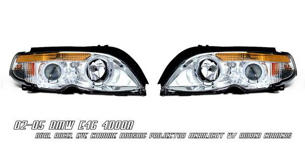 OptionRacing - BMW 3 Series 4DR Option Racing Projector Headlights - Chrome & Amber with Halo - 11-12123