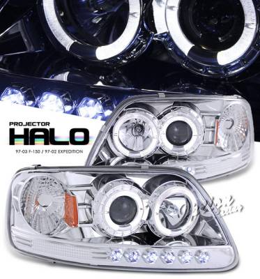 OptionRacing - Ford F150 Option Racing Projector Headlights - Chrome with Halo with LED - 1PC - 11-18318-J1