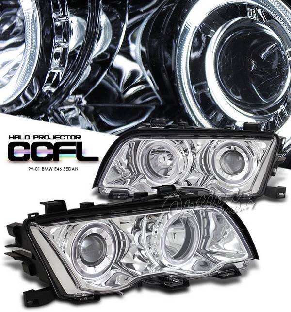 OptionRacing - BMW 3 Series 4DR Option Racing Headlights CCFL Projector - Chrome with CCFL Halo - 12-12113