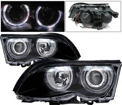 4 Car Option - BMW 3 Series 2DR 4 Car Option Dual Halo Projector Headlights - Black - LP-BE46499BCR-KS