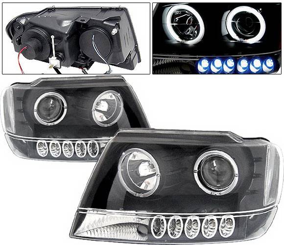 4 Car Option - Jeep Grand Cherokee 4 Car Option Dual Halo Projector Headlights - Black & Clear - LP-JGC99BC-KS