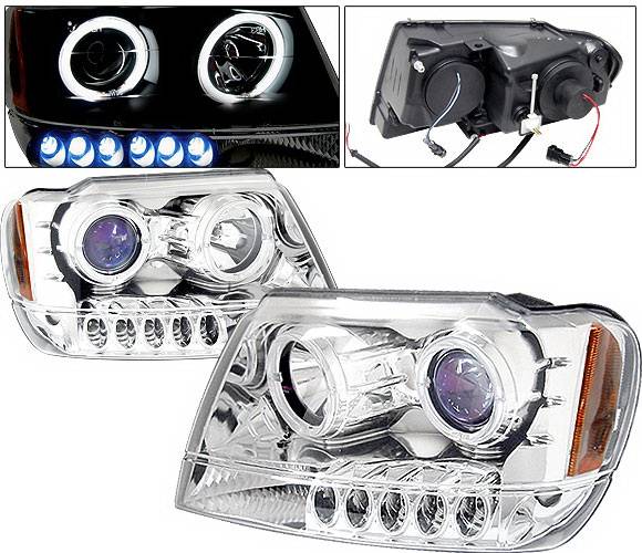 4 Car Option - Jeep Grand Cherokee 4 Car Option Dual Halo Projector Headlights - Chrome & Blue - LP-JGC99CB-KS
