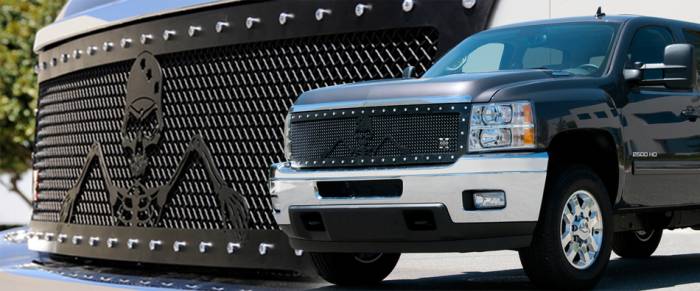 T-Rex - Chevrolet Silverado T-Rex Urban Assault Grunt Studded Main Grille with Soldier - Black OPS Flat Black - Custom 1PC Style - 7111116
