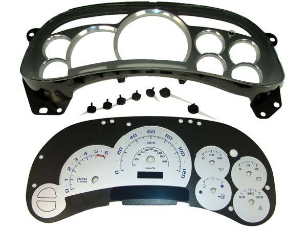 US Speedo - US Speedo Escalade Style Gague Cluster Platinum Overlay - Displays 120 MPH - No Transmission Temperature - Platinum Lens - Silver Background - Blue Needles - PLK0402