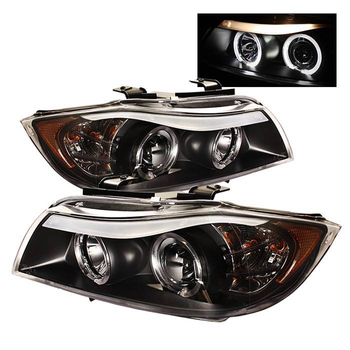 Spyder - BMW 3 Series 4DR Spyder Projector Headlights - LED Halo - Amber Reflector - Replaceable Eyebrow Bulb - Black - 444-BMWE9005-AM-BK