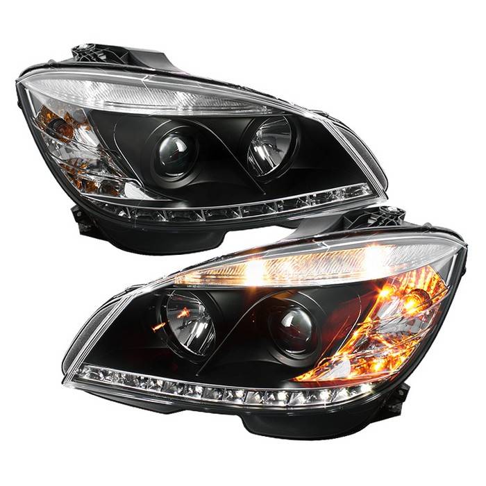 Spyder - Mercedes-Benz C Class Spyder Projector Headlights DRL - Black - 444-MBW20408-DRL-BK