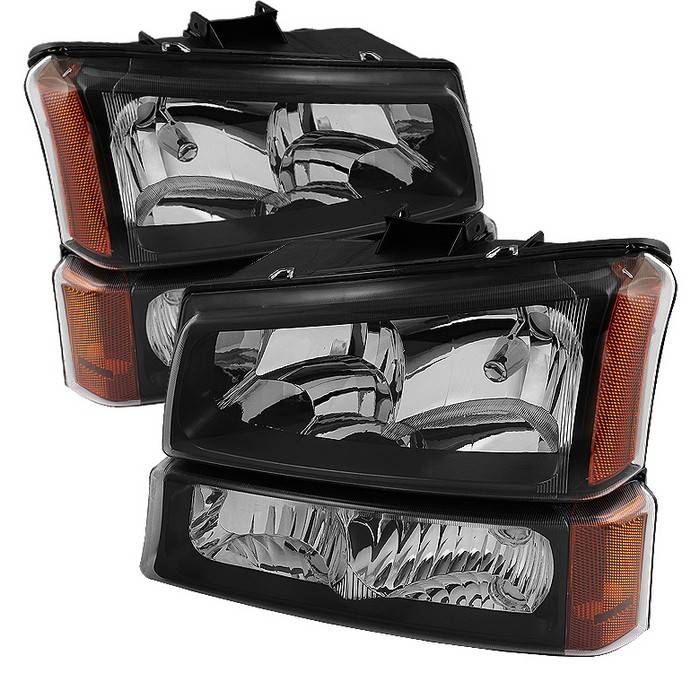 Spyder - Chevrolet Silverado Spyder Crystal Headlights with Bumper Lights - Black - HD-JH-CSIL03-AM-BK-SET