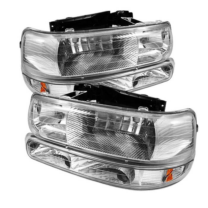 Spyder - Chevrolet Silverado Spyder Amber Crystal Headlights with Bumper Lights - Chrome - HD-JH-CSIL99-SET-AM-C