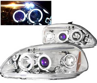 Honda Civic 4 Car Option LED Dual Halo Projector Headlights - Chrome - LP-HC96CB-5