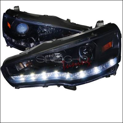 Mitsubishi Lancer Spec-D R8 Style Projector Headlight Glossy - Black Housing with Smoked Lens - 2LHP-EVO08G-8-TM
