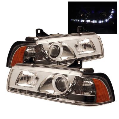 BMW 3 Series 4DR Spyder Projector Headlights - DRL - Chrome - 444-BMWE36-4D-DRL-C