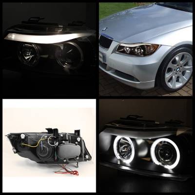Spyder - BMW 3 Series 4DR Spyder Projector Headlights - LED Halo - Amber Reflector - Replaceable Eyebrow Bulb - Black - 444-BMWE9005-AM-BK - Image 2