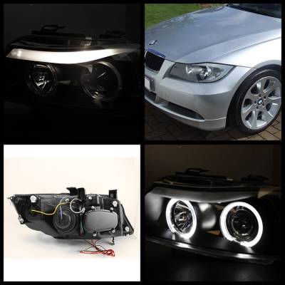 Spyder - BMW 3 Series 4DR Spyder Projector Headlights - LED Halo - Amber Reflector - Replaceable Eyebrow Bulb - Chrome - 444-BMWE9005-AM-C - Image 2