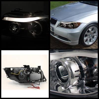 Spyder - BMW 3 Series 4DR Spyder Projector Headlights - CCFL Halo - Replaceable Eyebrow Bulb - Chrome - 444-BMWE9005-CCFL-C - Image 2