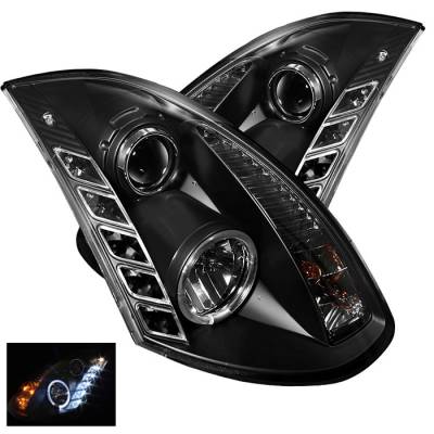 Infiniti G35 2DR Spyder Projector Headlights LED Halo - DRL - Black - 444-IG35032D-DRL-BK