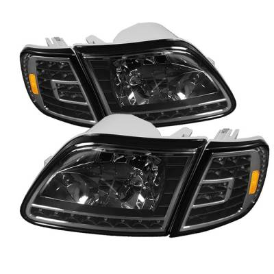 Spyder - Ford F150 Spyder Crystal Headlights with Clear LED Corners - Black - HD-ON-FF15097-LED-SET-BK - Image 1
